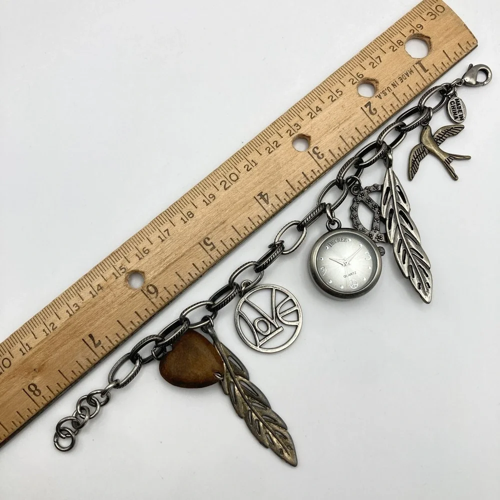 Decree Charm Bracelet Women's Watch Gunmetal Peace Love 25mm New Battery 7.25